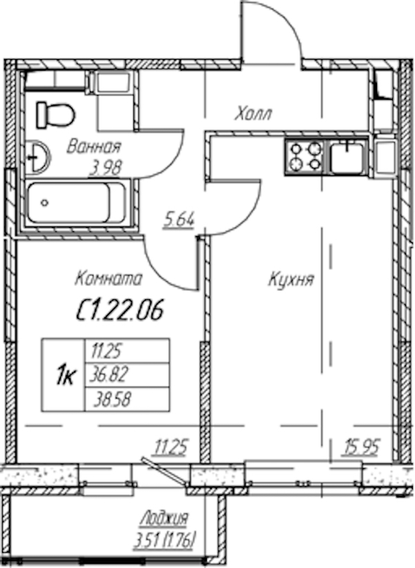 1-комнатная квартира 38.58 м², 22/22 эт., ЖК «Парк-квартал Юнтолово»